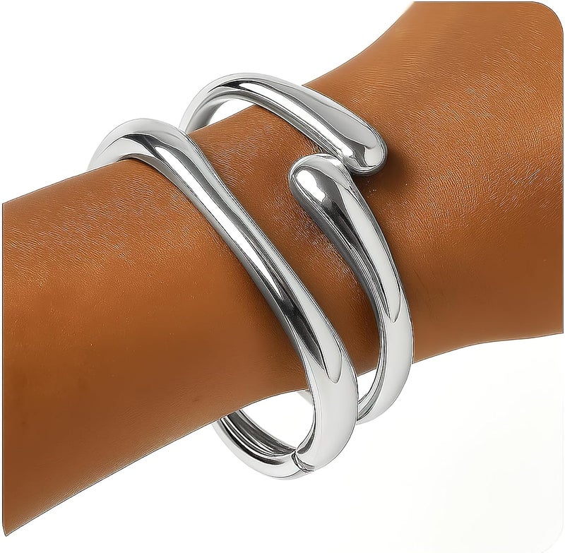 PEALICIOUS 2Pcs Chunky Bracelet for Women, Girls Gold Bangle Bracelet 7in Minimalist Silver Chunky Bangles Valentines Gifts, Trendy Gold Arm Cuff Upper Arm Band, Stack Bead Pearl Gift Summer Jewelry - Image 1